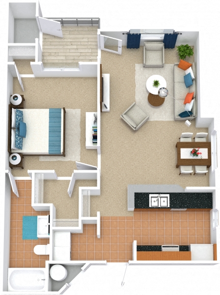 Floor plan for 1 bed, 1 bath, 693 sqft